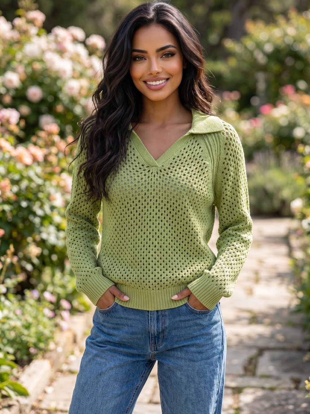 🌟B012. Stylish Open Knit Crochet  V-Neck Pullover Sweater